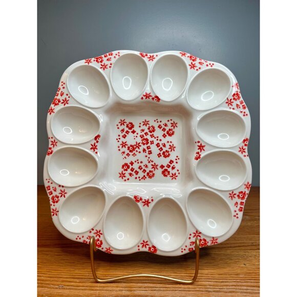 FARVAL Large Egg Dish Deviled Eggs Platter Hand Painted Portugal Red Floral - Picture 1 of 13